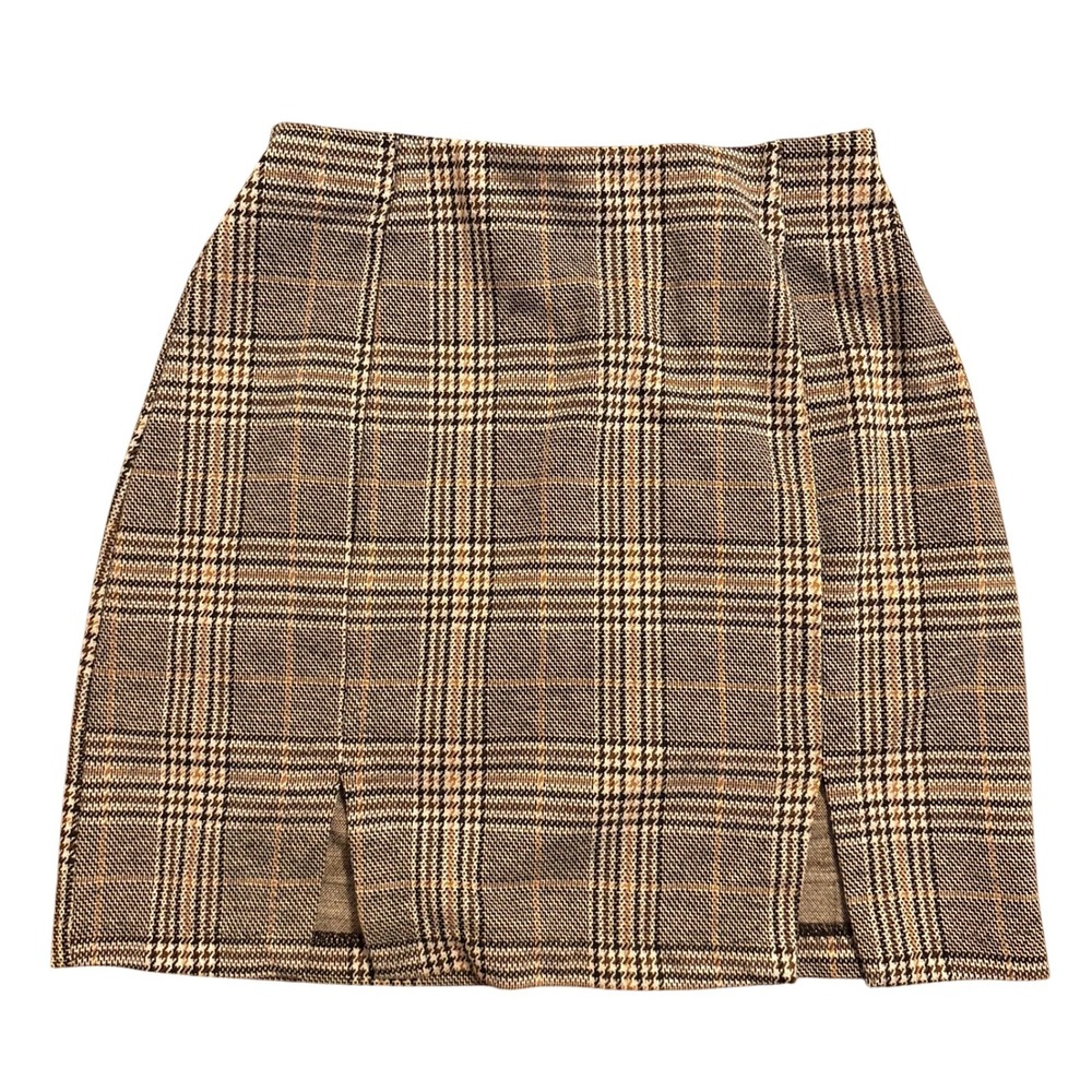 H&M Divided Plaid Mini Skirt with Double Slits Brown Yellow XXS